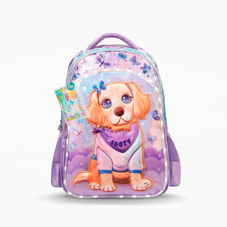 Mochila Escolar Footy 2026 Doggie Love Lila Rosa con Led y Carro 18" Art.F26423